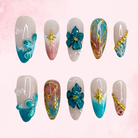 Blue Golden Flower | Handmade Nails,Ellie Vincy Press on Nails,Medium  Almond,Floral, Ombre,Handmade White, Blue, Brown, Nude, Floral press on nails,10 pcs, false nails,reusable,glue on nails