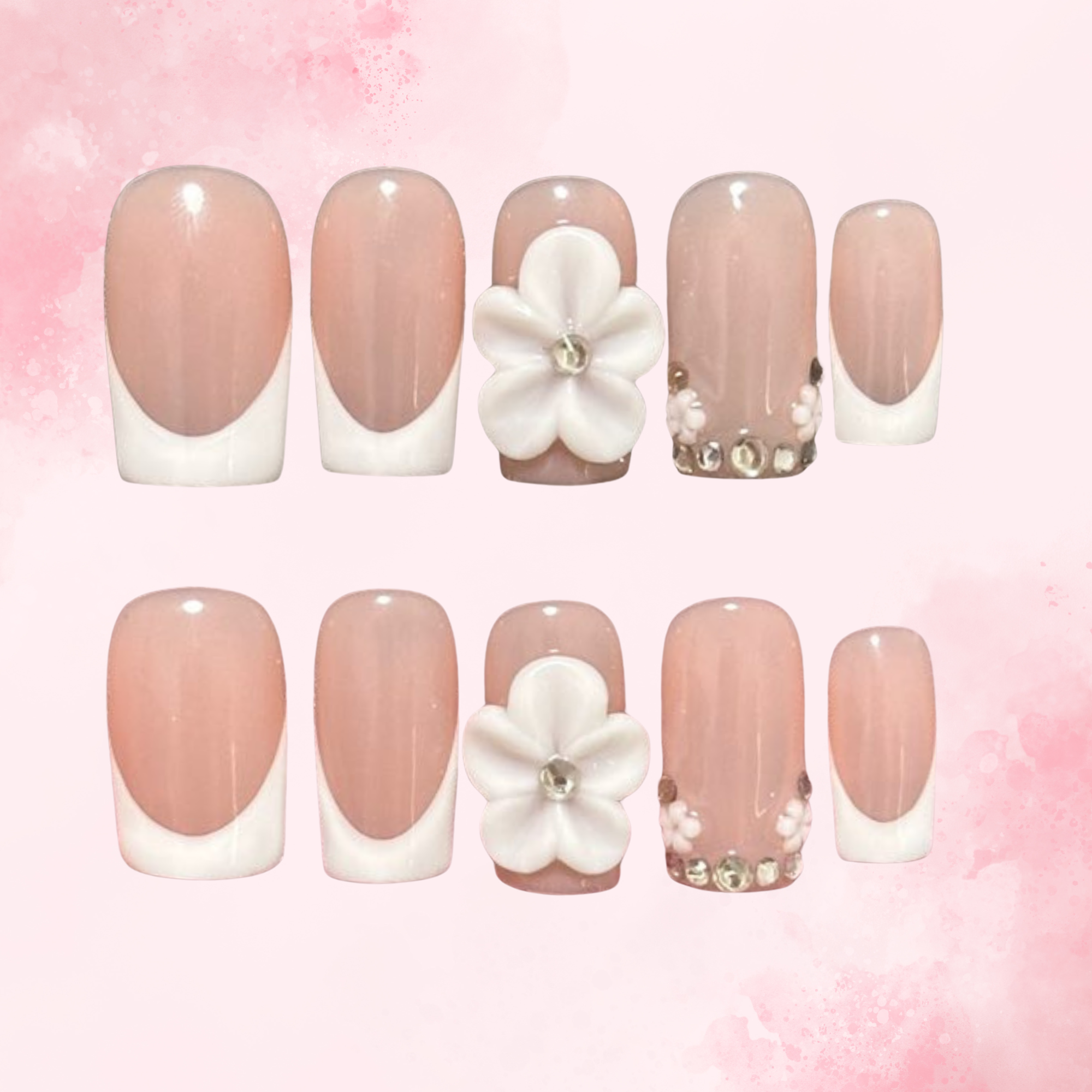 Wild Petal | Handmade Nails,Ellie Vincy Press on Nails,Short  Almond,Cute, Floral, French tip,Handmade White, Pink, Floral press on nails,10 pcs, False nails,Reusable,Glue on nails,Sticky on nails,Pop on nails