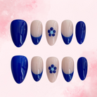 Indigo Bloom | Handmade Nails,Ellie Vincy Press on Nails,Short  Almond,Cute, Floral, French tip,Handmade White, Blue, Nude, Floral press on nails,10 pcs, False nails,Reusable,Glue on nails,Sticky on nails,Pop on nails