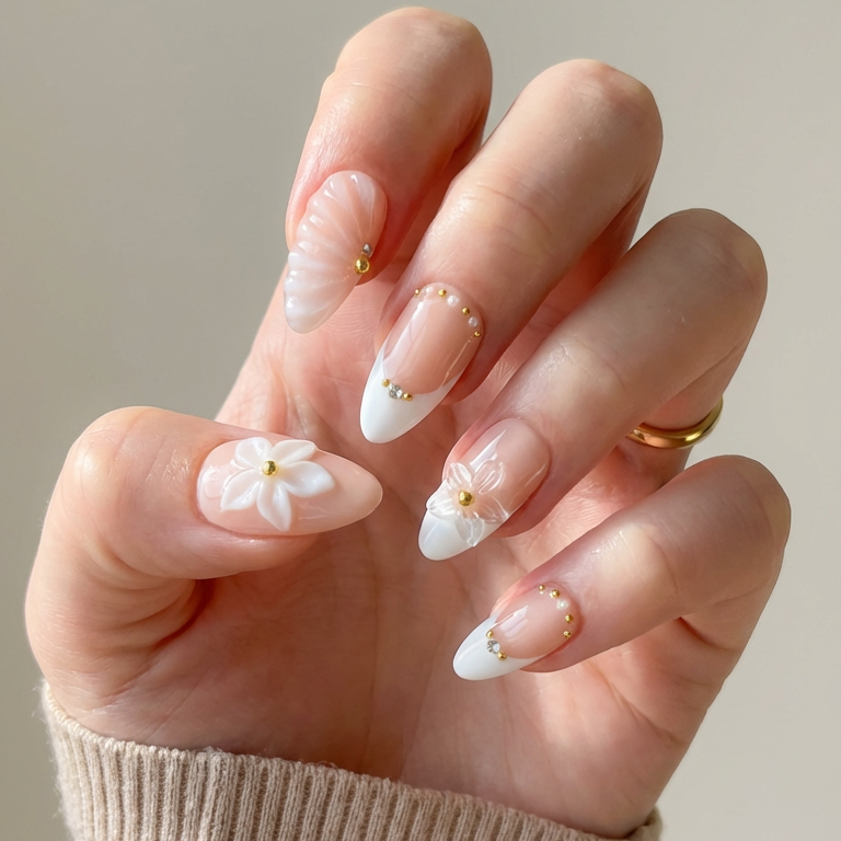 ellie vincy press on nails  White Daisy Short Almond Luxury Glue on Press on Nails Almond, Square  Green  Floral, French tip, Animal print, Geometric, EV025