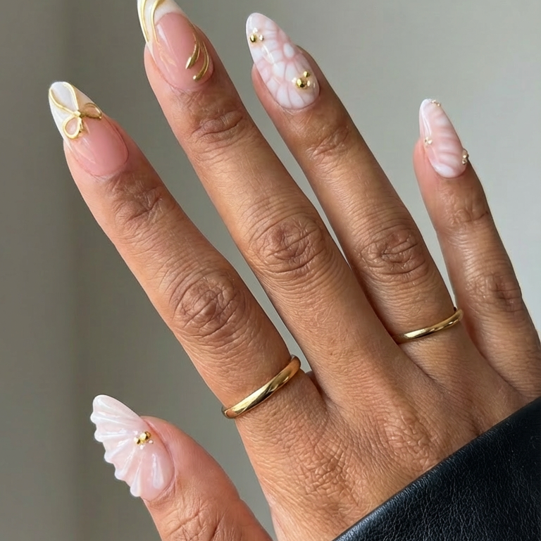 Ellie Vincy Press on Nails  Golden White  Short Almond Luxury Glue on Press on Nails Almond, Square  Green  Floral, French tip, Animal print, Geometric, EV025, Metallic