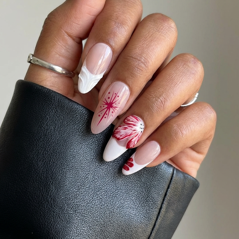 Ellie Vincy Press on Nails  Crimson Blossom | Handmade Nails Almond  Pink, Red, White  Cute, Floral, French tip