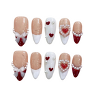 3D Heart & Bow | Handmade Nails,Ellie Vincy Press on Nails,Short, Medium  Almond,French tip,Handmade Red, White press on nails,10 pcs, false nails,reusable,glue on nails