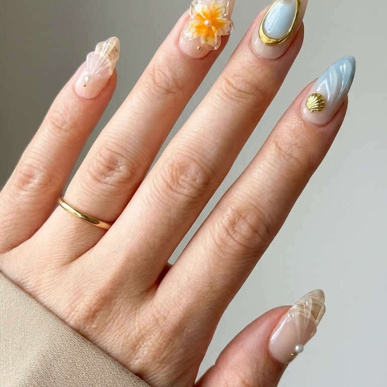 ellie vincy press on nails  Coastal Shell  Almond Luxury Short Glue on Press on Nails Almond, Square  Floral, Pink, Beige, Geometric  Floral, French tip, Abstract, Geometric, Metallic