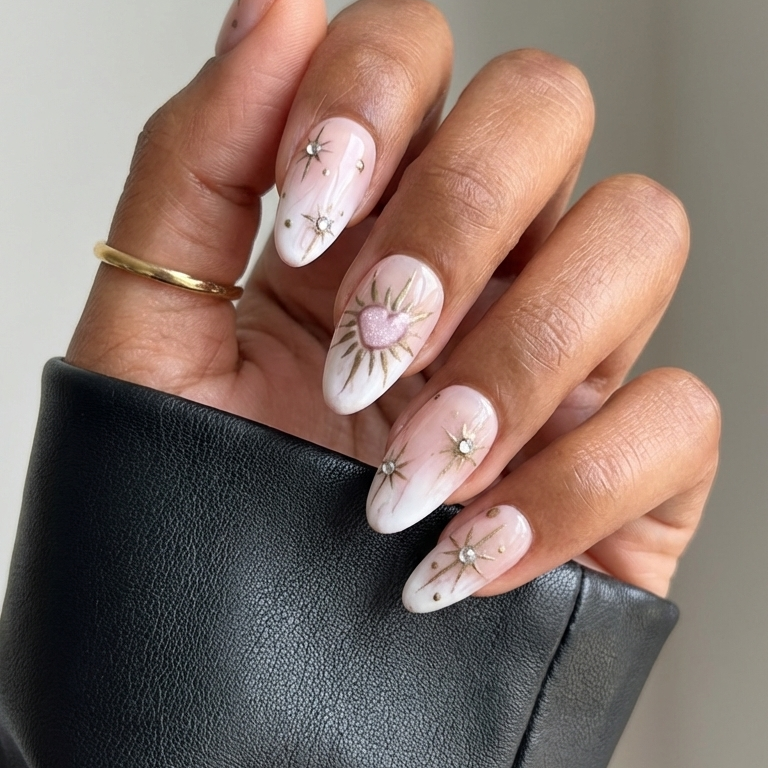 Ellie Vincy Press on Nails  Starlit Heart Bloom | Handmade Nails Almond  White, Gold  Iridescent, Metallic, Solid color