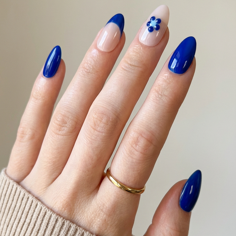 ellie vincy press on nails  Indigo Bloom | Handmade Nails Almond  White, Blue, Nude, Floral  Cute, Floral, French tip