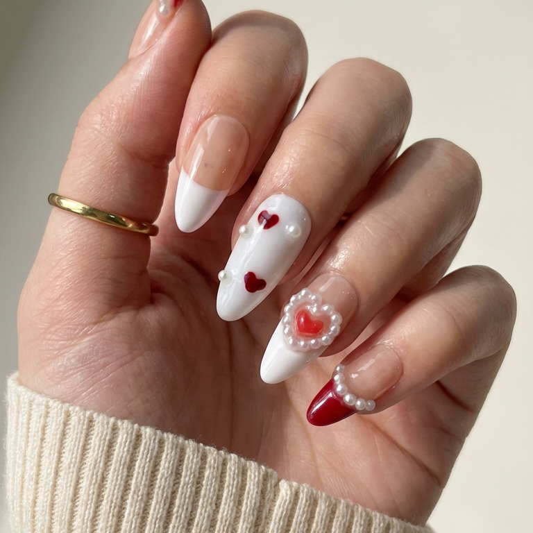 ellie vincy press on nails  3D Heart & Bow | Handmade Nails Almond  Red  French tip