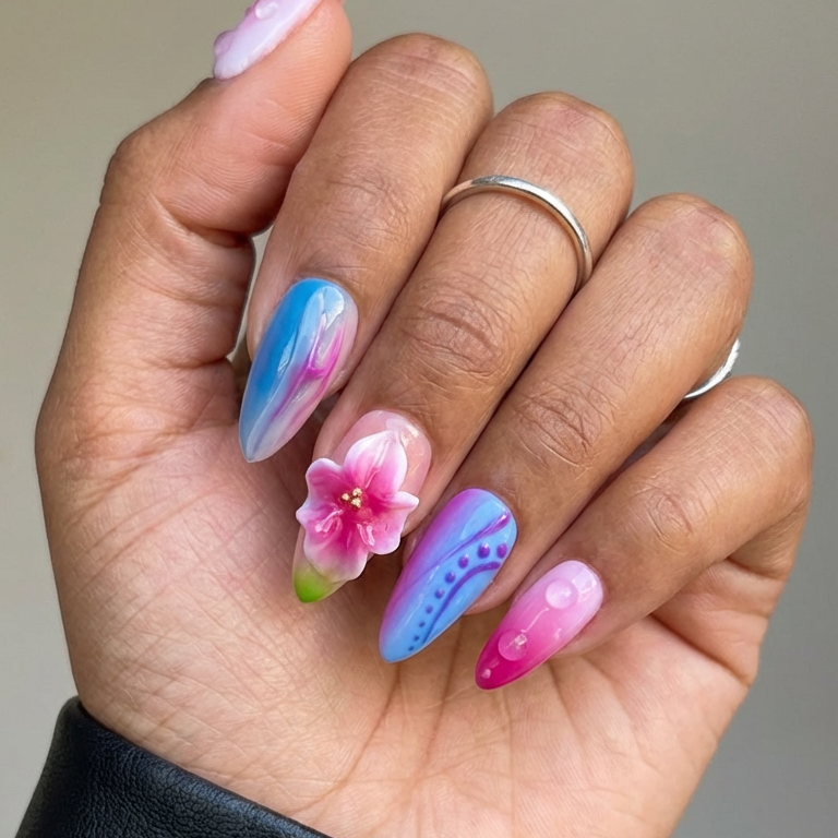 ellie vincy press on nails  Purple Floral | Handmade Nails Almond  Pink, Blue, White  Cute, Floral