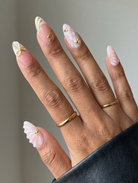 ellie vincy press on nails  Golden White  Short Almond Luxury Glue on Press on Nails Almond, Square  Green  Floral, French tip, Animal print, Geometric, EV025, Metallic