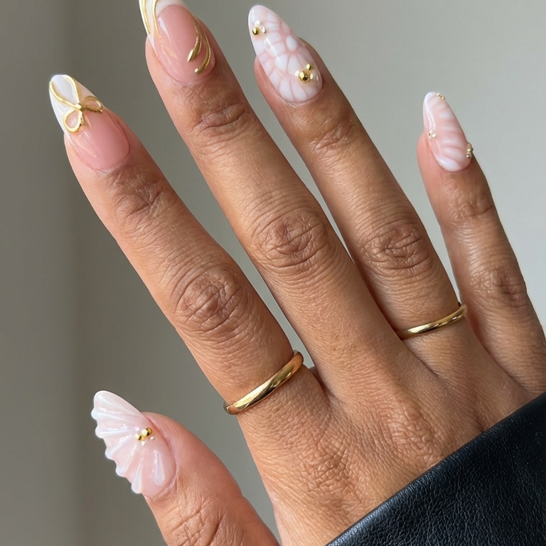 ellie vincy press on nails  Golden White  Short Almond Luxury Glue on Press on Nails Almond, Square  Green  Floral, French tip, Animal print, Geometric, EV025, Metallic