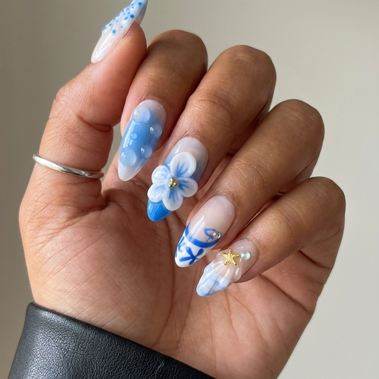 ellie vincy press on nails  Blue Shell | Handmade Nails Almond  White, Blue, Gray, Floral  Floral, Cute, Natural, Ombre