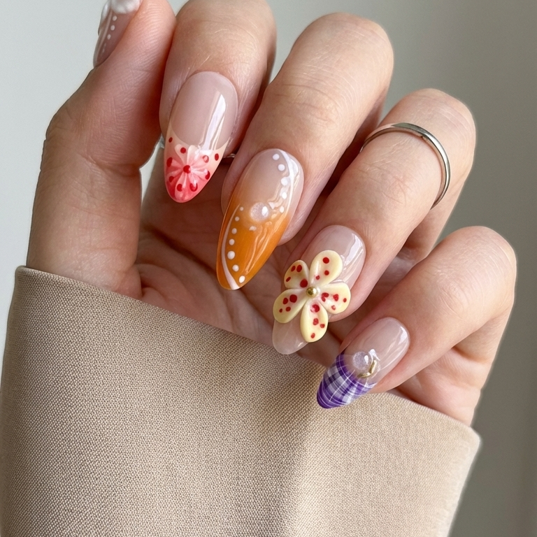 Ellie Vincy Press on Nails  Dewy Floral | Handmade Nails Almond  Pink, White, Orange  Floral