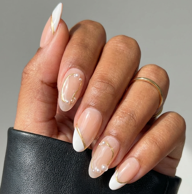 ellie vincy press on nails  White Cream Almond Luxury Short Glue on Press on Nails Almond, Square  Floral, Pink, Beige, Geometric  Floral, French tip, Abstract, Geometric, Metallic