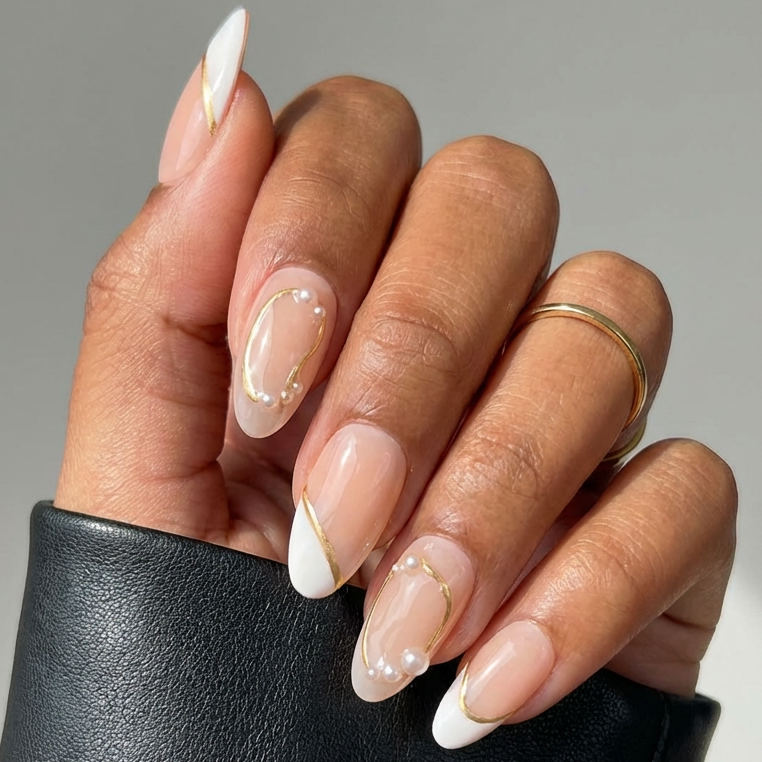 ellie vincy press on nails  White Cream Almond Luxury Short Glue on Press on Nails Almond, Square  Floral, Pink, Beige, Geometric  Floral, French tip, Abstract, Geometric, Metallic