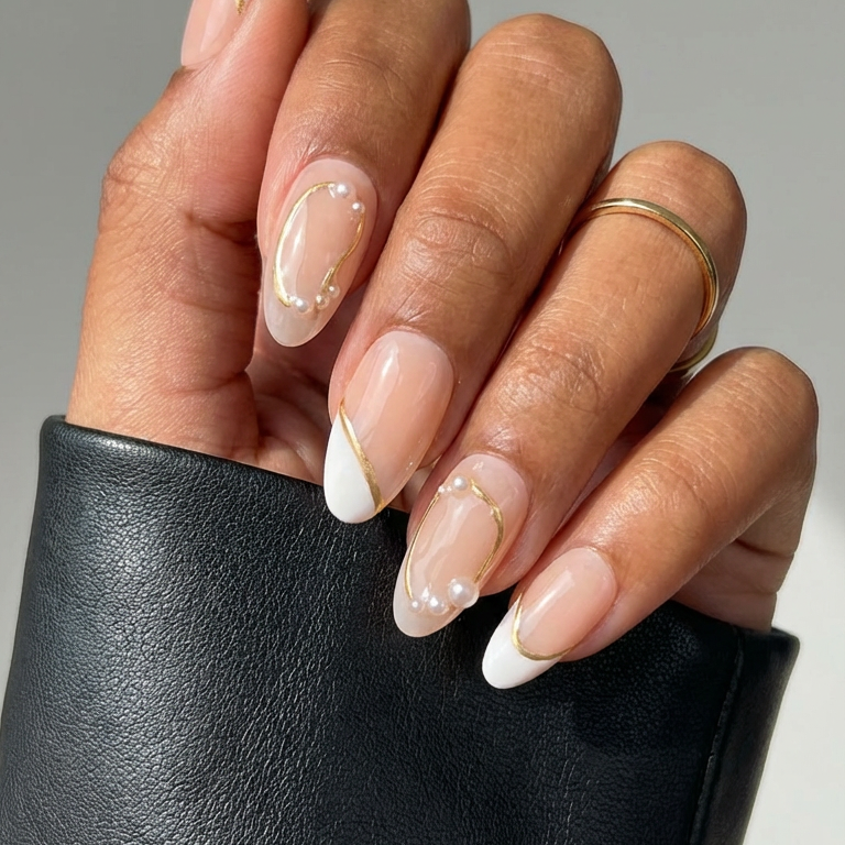 Ellie Vincy Press on Nails  White Cream Almond Luxury Short Glue on Press on Nails Almond, Square  Floral, Pink, Beige, Geometric  Floral, French tip, Abstract, Geometric, Metallic