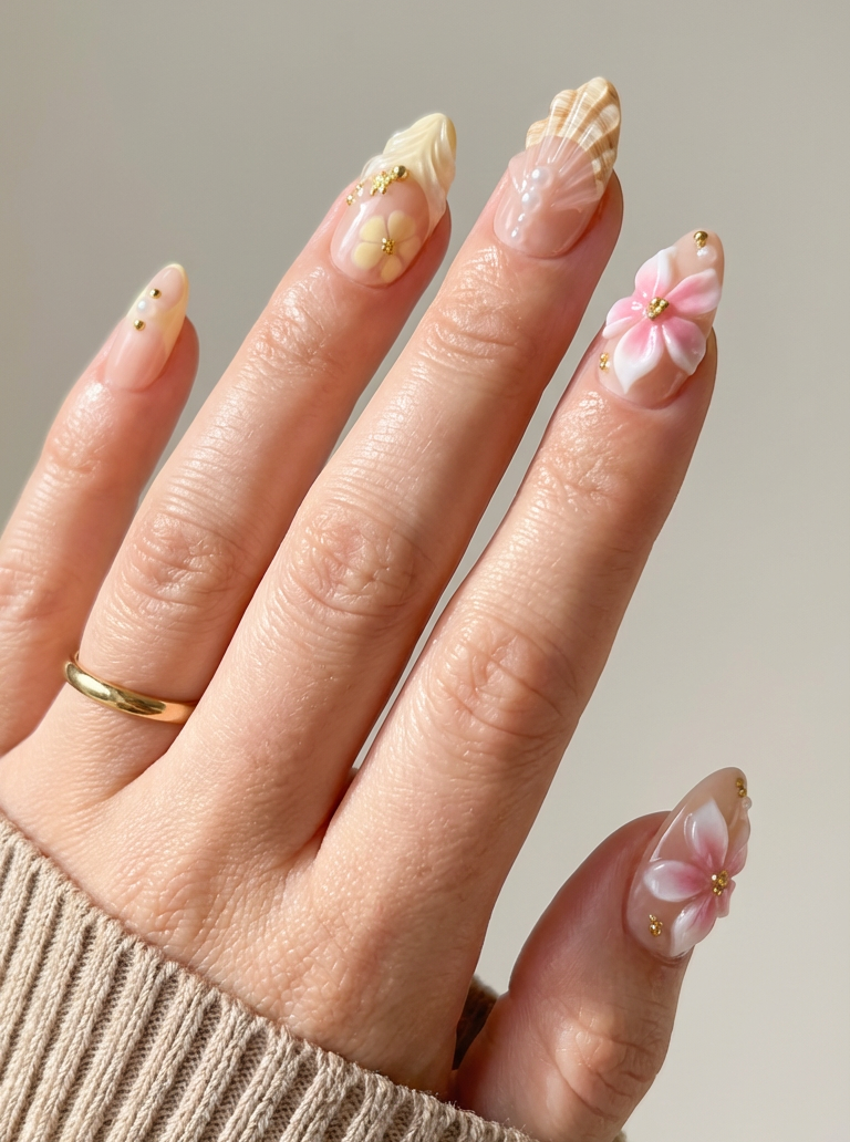 ellie vincy press on nails Nude Shell Short Almond Luxury Glue on Press on Nails Almond, Square Green Floral, French tip, Animal print, Geometric, EV025, Metallic