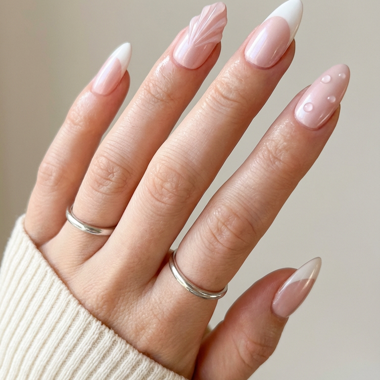 ellie vincy press on nails  Pearl Drop French Almond  Pink, White, Floral  Cute, Floral, French tip