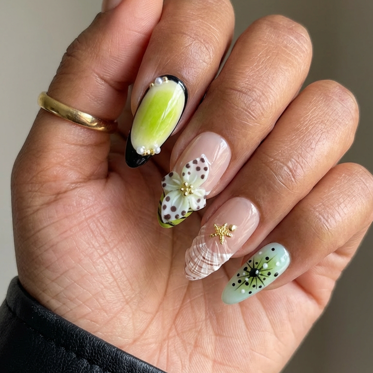 Ellie Vincy Press on Nails  Pearl Green Leaf | Handmade Nails Almond  Green  Floral