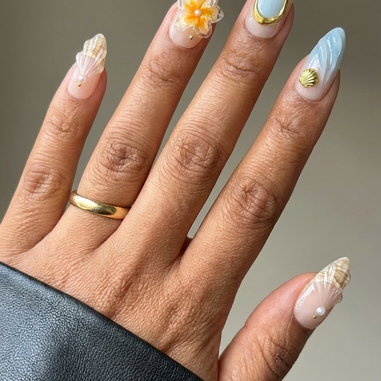 Ellie Vincy Press on Nails  Coastal Shell  Almond Luxury Short Glue on Press on Nails Almond, Square  Floral, Pink, Beige, Geometric  Floral, French tip, Abstract, Geometric, Metallic