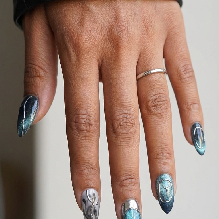 ellie vincy press on nails  Oceanic Edge | Handmade Nails Almond  Blue  Abstract, Metallic, Geometric, Chrome
