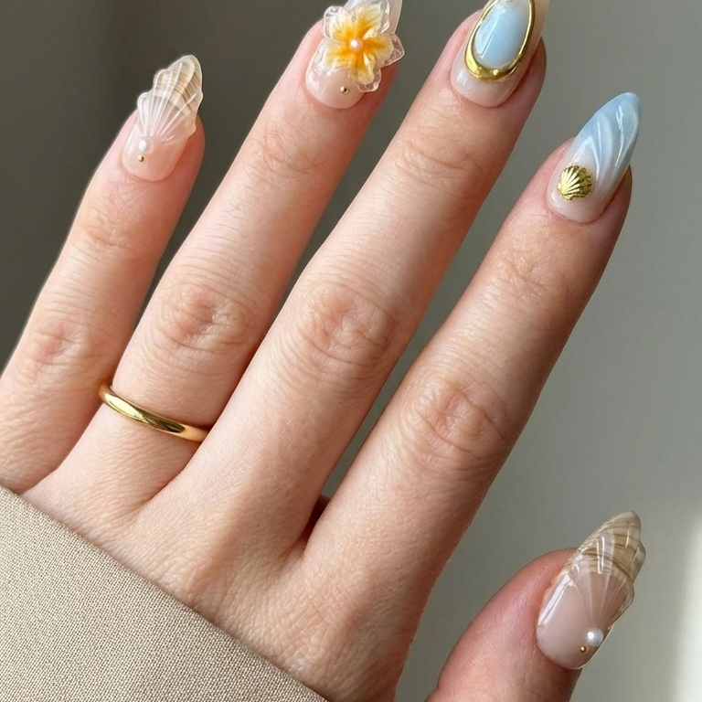 Ellie Vincy Press on Nails  Coastal Shell  Almond Luxury Short Glue on Press on Nails Almond, Square  Floral, Pink, Beige, Geometric  Floral, French tip, Abstract, Geometric, Metallic