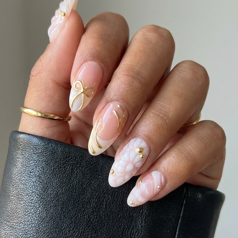 Ellie Vincy Press on Nails  Golden White  Short Almond Luxury Glue on Press on Nails Almond, Square  Green  Floral, French tip, Animal print, Geometric, EV025, Metallic