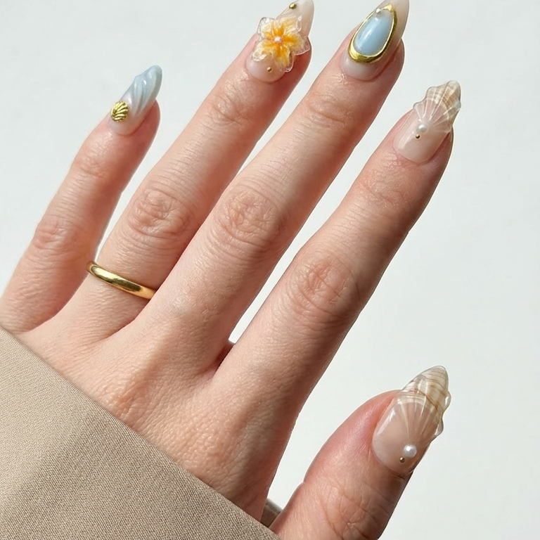 Ellie Vincy Press on Nails  Coastal Shell  Almond Luxury Short Glue on Press on Nails Almond, Square  Floral, Pink, Beige, Geometric  Floral, French tip, Abstract, Geometric, Metallic
