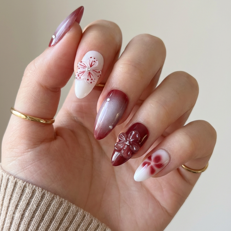 ellie vincy press on nails  Berry Bloom | Handmade Nails Almond  Brown, Red  Cute, Floral, French tip, Solid color