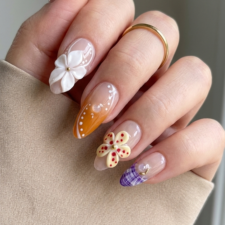 ellie vincy press on nails  Dewy Floral | Handmade Nails Almond  Pink, White, Orange  Floral