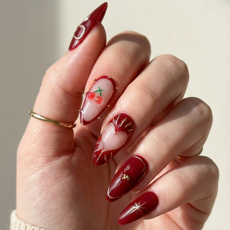 ellie vincy press on nails  Cherry Bow | Handmade Nails Almond  Red, Brown, Gold, Floral  Cute, Glitter, Floral, French tip, Geometric