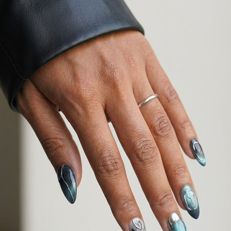 ellie vincy press on nails  Oceanic Edge | Handmade Nails Almond  Blue  Abstract, Metallic, Geometric, Chrome